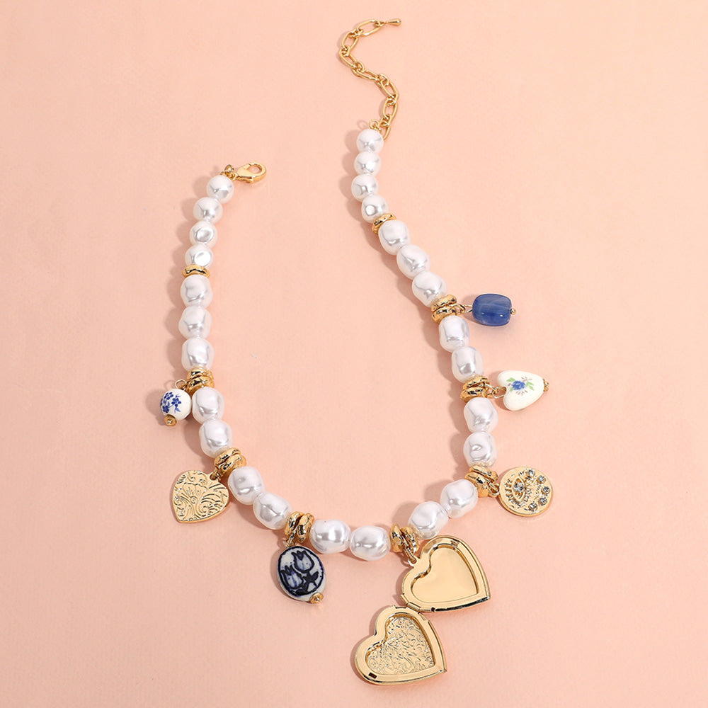 Metal Heart Locket Ceramic Ball Heart Evil Eye Charm Station Pearl Necklace