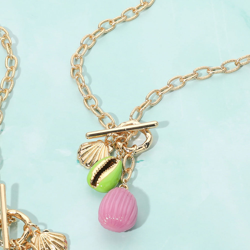Enamel Sea Shell Puka Shell Toggle Pendant Necklace