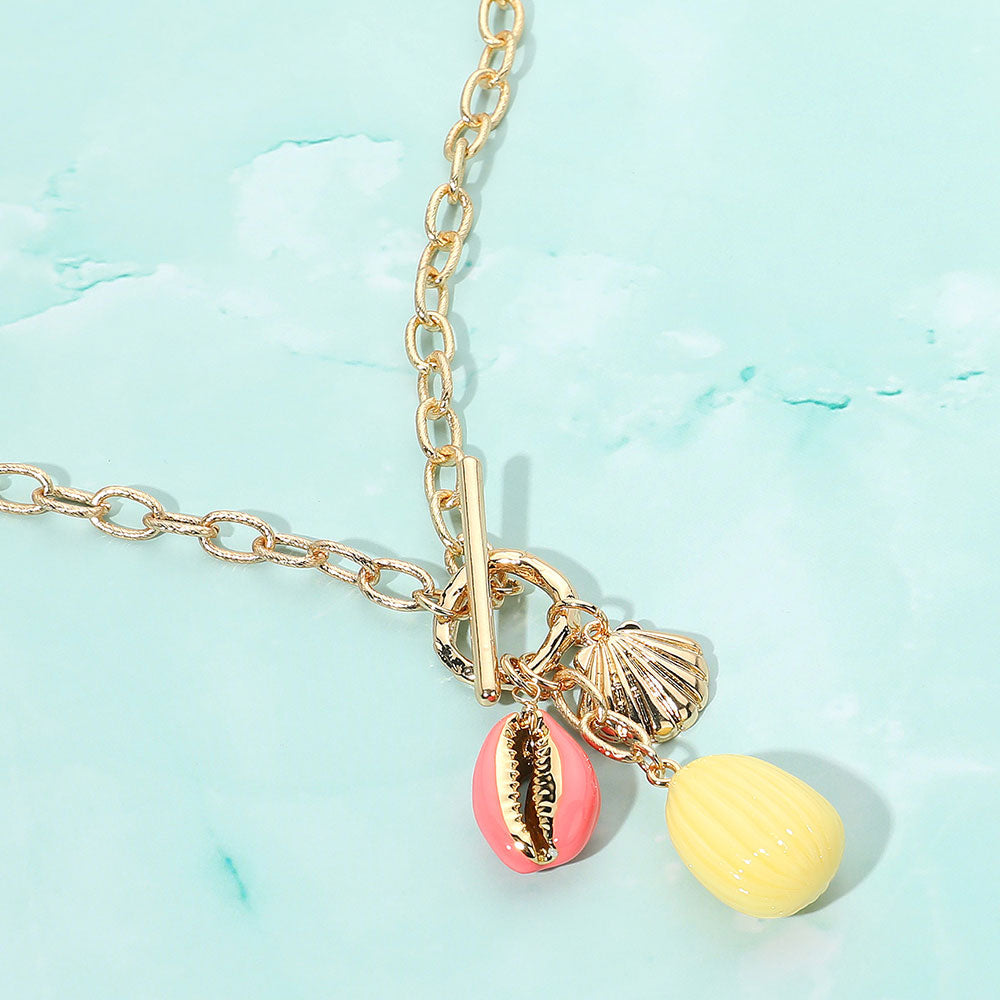 Enamel Sea Shell Puka Shell Toggle Pendant Necklace