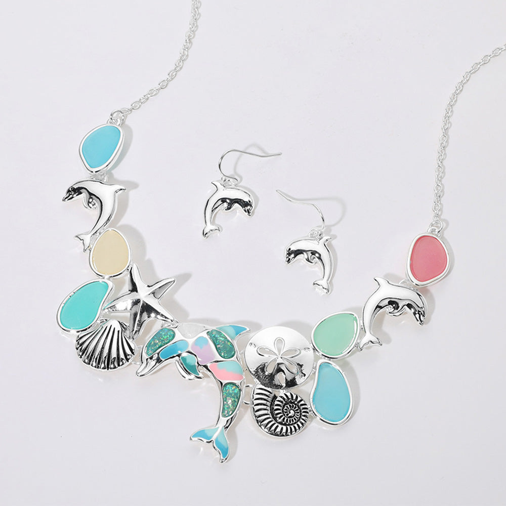 Sea Glass Dolphin Metal Seashell Sand Dollar Starfish Embellished Necklace