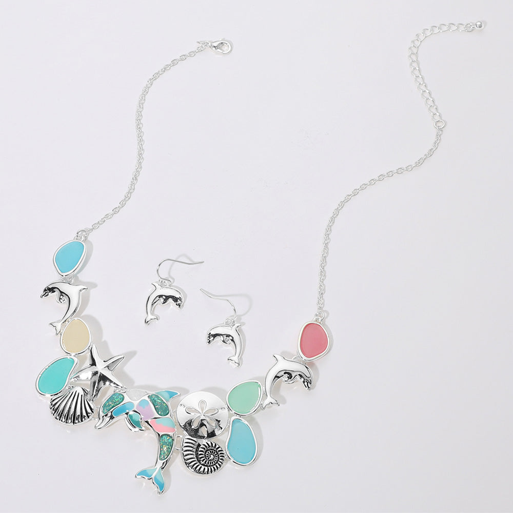 Sea Glass Dolphin Metal Seashell Sand Dollar Starfish Embellished Necklace