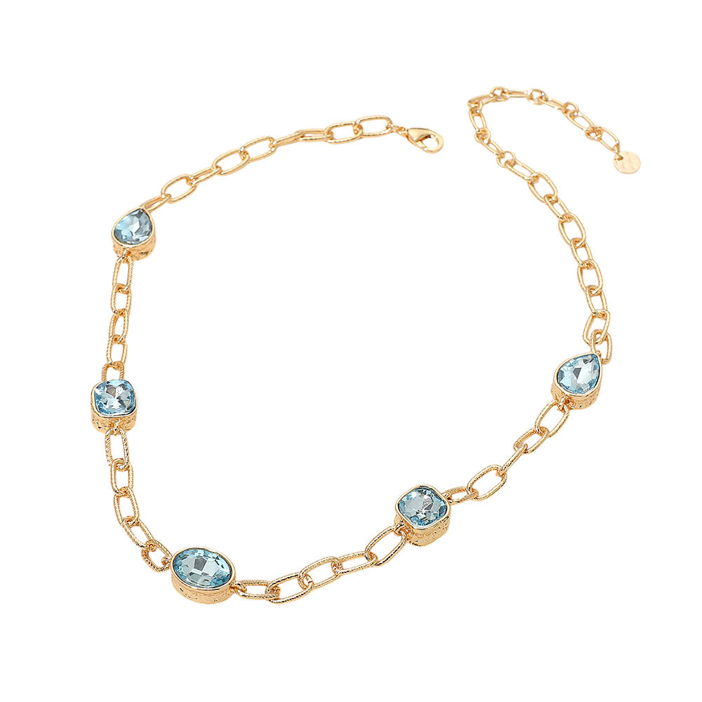 Oval Teardrop Square Stone Bezel Link Necklace