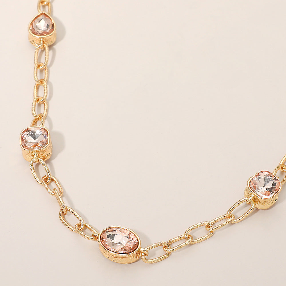 Oval Teardrop Square Stone Bezel Link Necklace