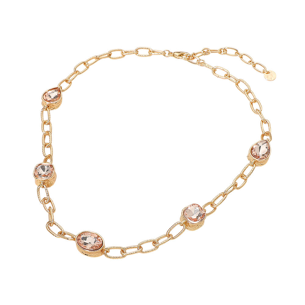 Oval Teardrop Square Stone Bezel Link Necklace