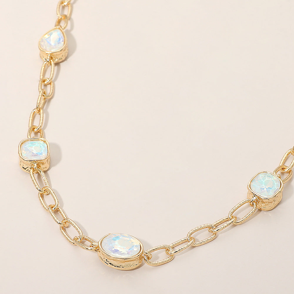 Oval Teardrop Square Stone Bezel Link Necklace