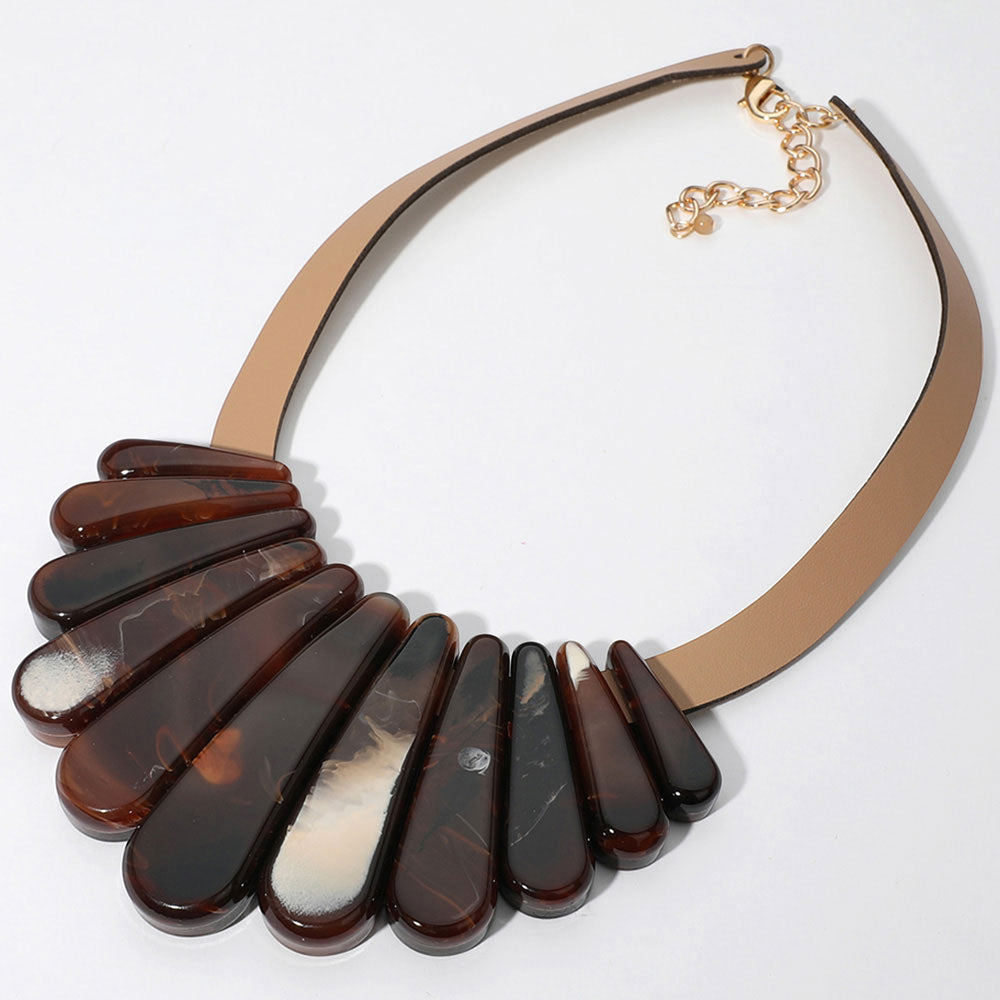 Resin Long Teardrop Plate Faux Leather Statement Necklace