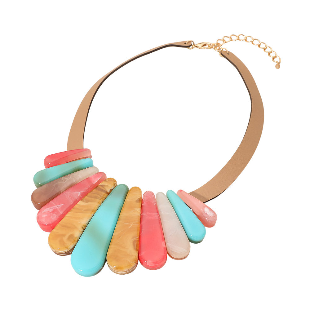 Resin Long Teardrop Plate Faux Leather Statement Necklace