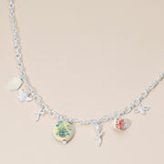 Vintage Floral Ceramic Charm Metal Angel Flower Stem Honey Bee Charm Station Necklace