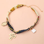 Boho Metal Cross Square Pearl Floral Oval Charm Fabric Necklace
