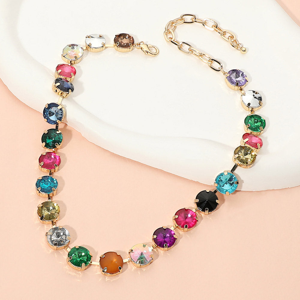Faceted Round Multicolor Cushion Stone Link Necklace