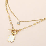 Stainless Steel Mother of Pearl Rectangular Frame Toggle Pendant Round Stone Accent Layered Necklace