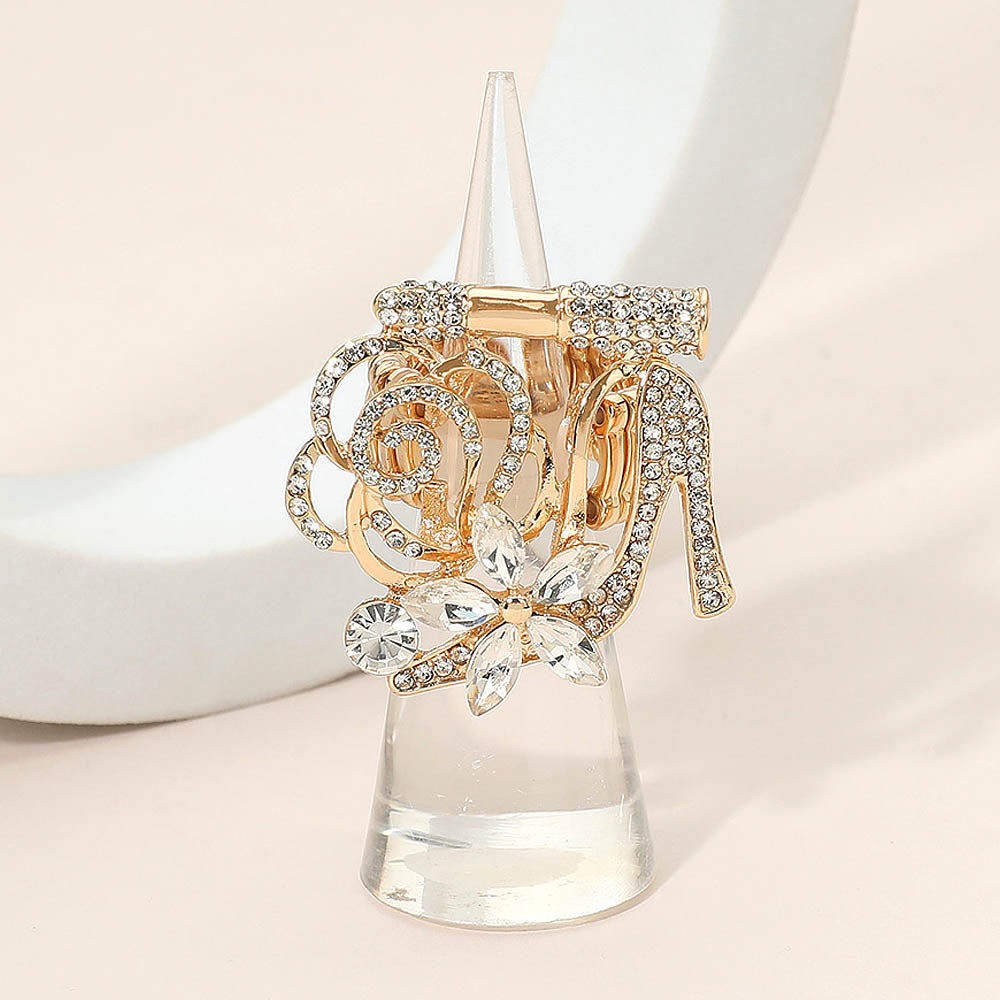 Rhinestone Pave High Heel Flower Lipstick Stretch Ring