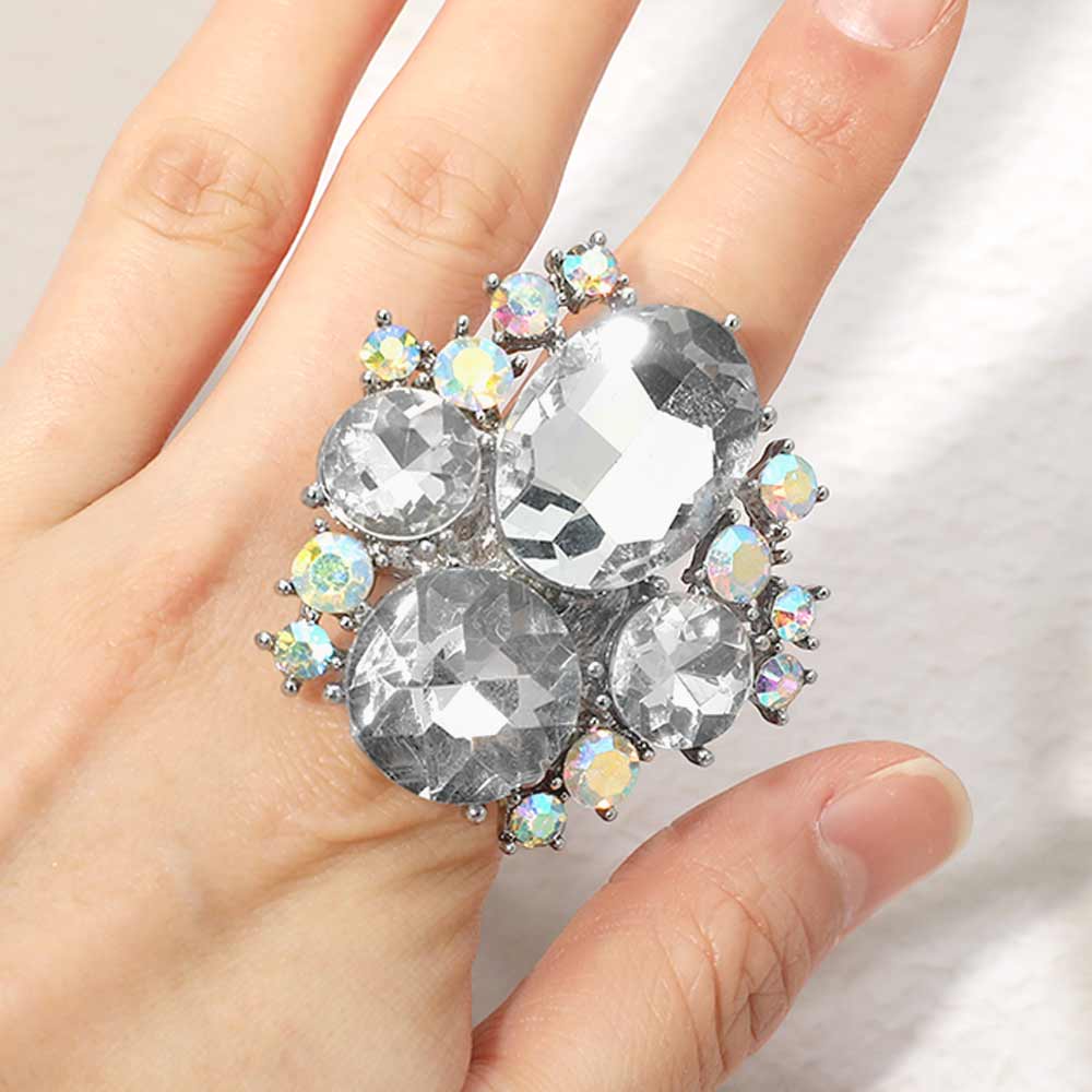 Oval Round Stone Cluster Statement Stretch Ring