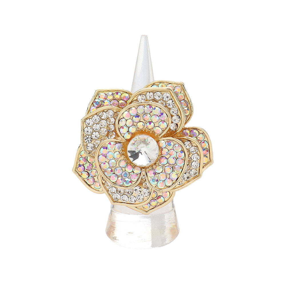 Round Stone Centered Rhinestone Paved Flower Stretch Ring