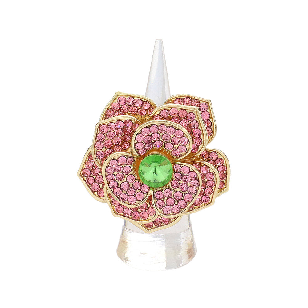 Round Stone Centered Rhinestone Paved Flower Stretch Ring