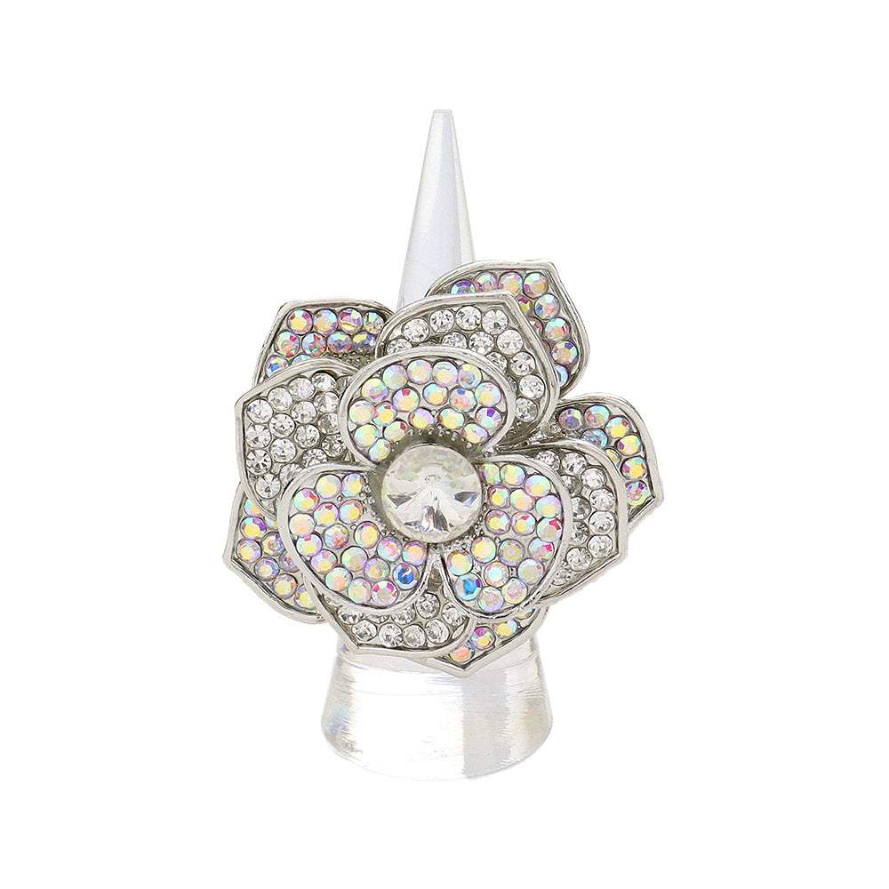 Round Stone Centered Rhinestone Paved Flower Stretch Ring