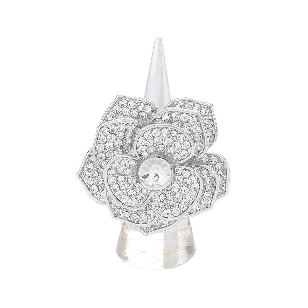 Round Stone Centered Rhinestone Paved Flower Stretch Ring