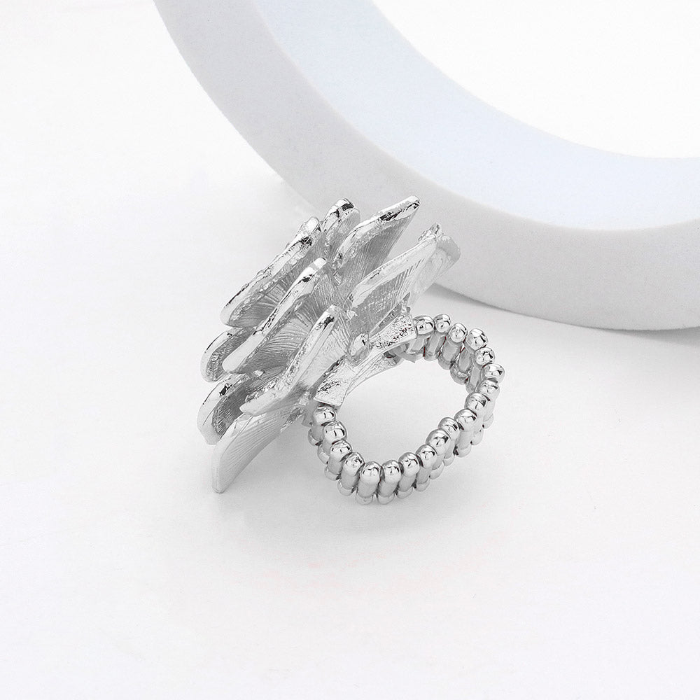 Round Stone Centered Rhinestone Paved Flower Stretch Ring