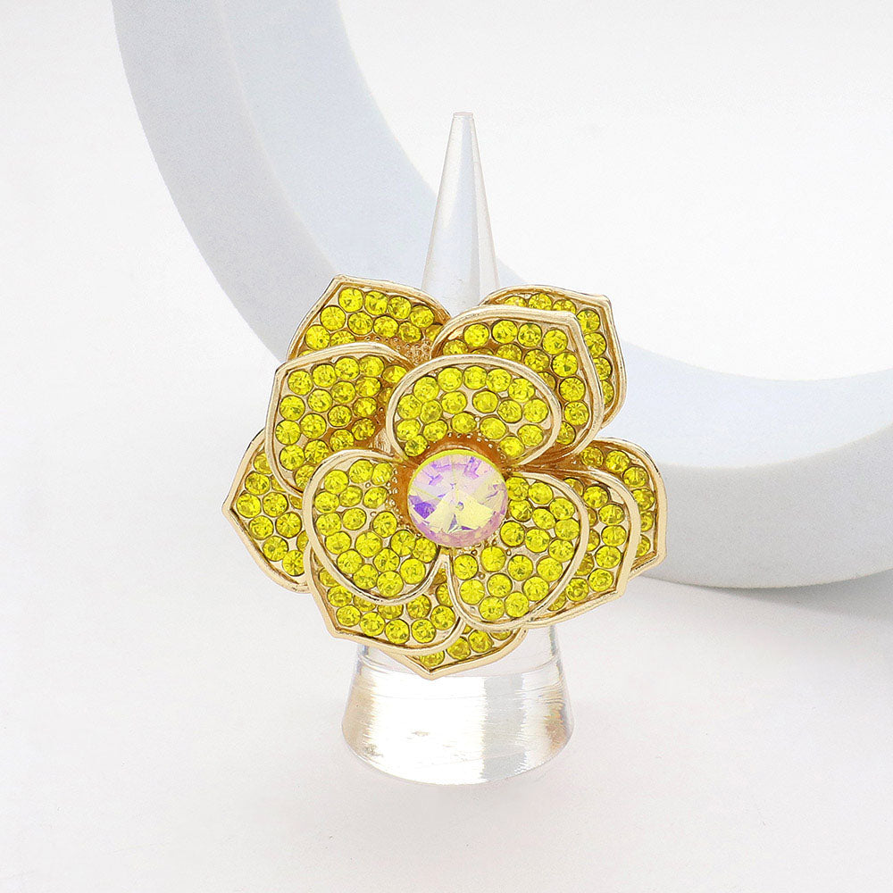 Round Stone Centered Rhinestone Paved Flower Stretch Ring