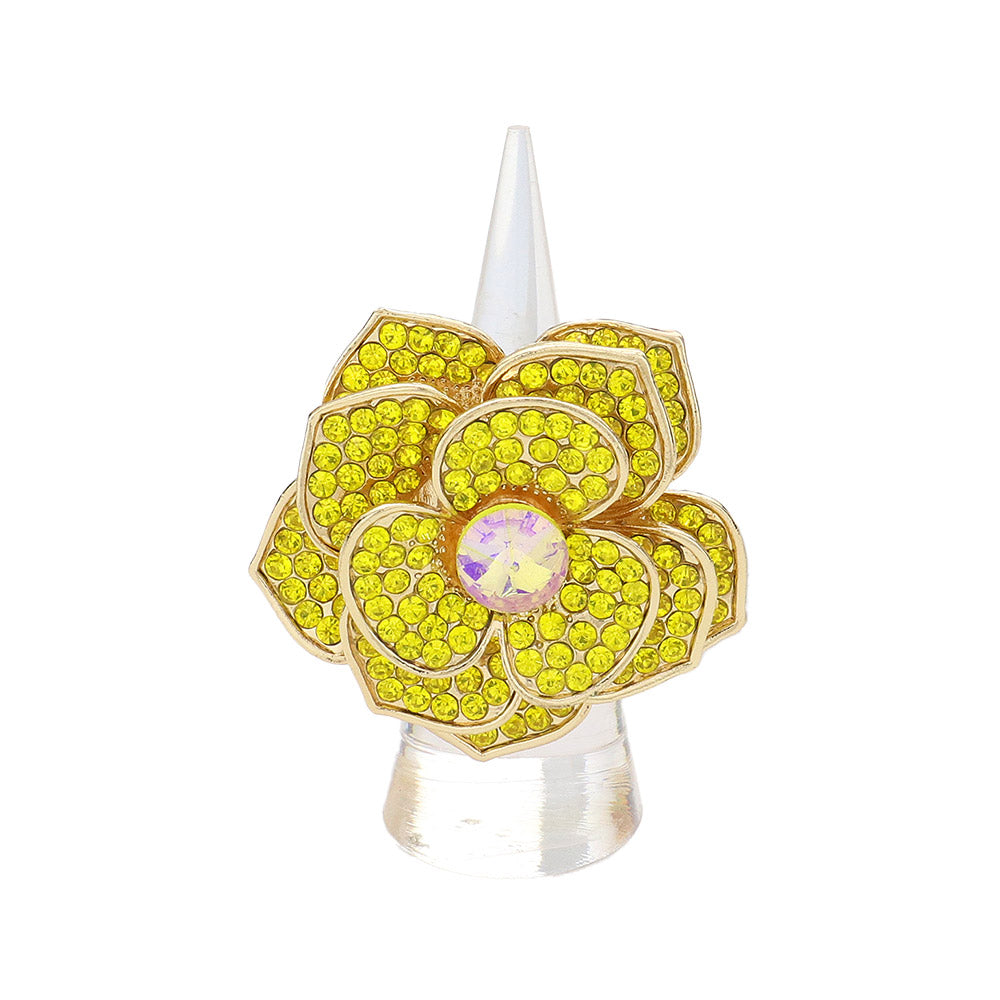 Round Stone Centered Rhinestone Paved Flower Stretch Ring