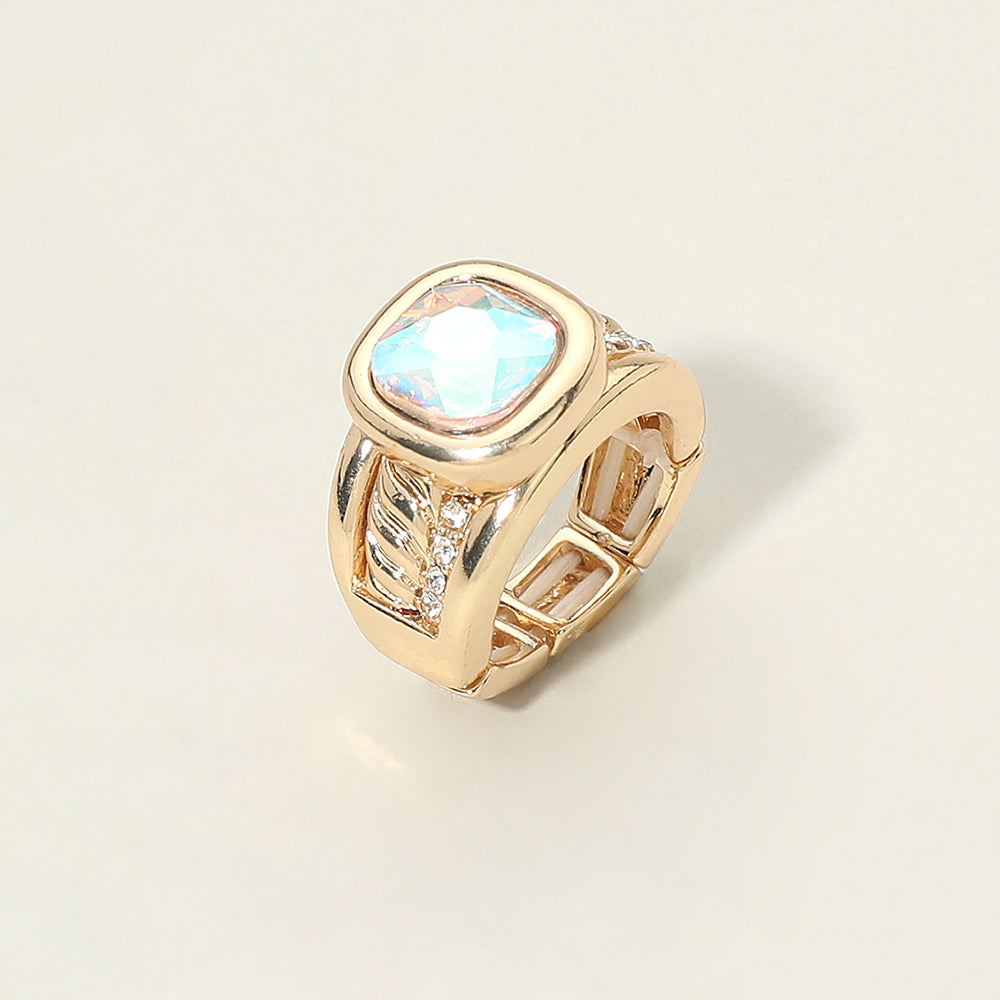 Iridescent Square Crystal Accent CZ Pave Statement Stretch Ring