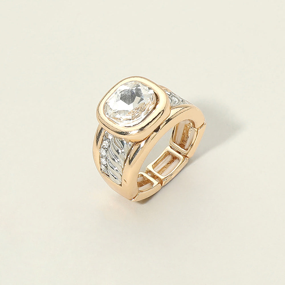 Iridescent Square Crystal Accent CZ Pave Statement Stretch Ring
