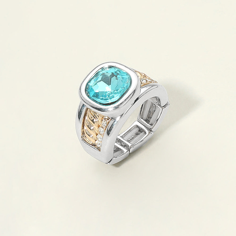 Iridescent Square Crystal Accent CZ Pave Statement Stretch Ring
