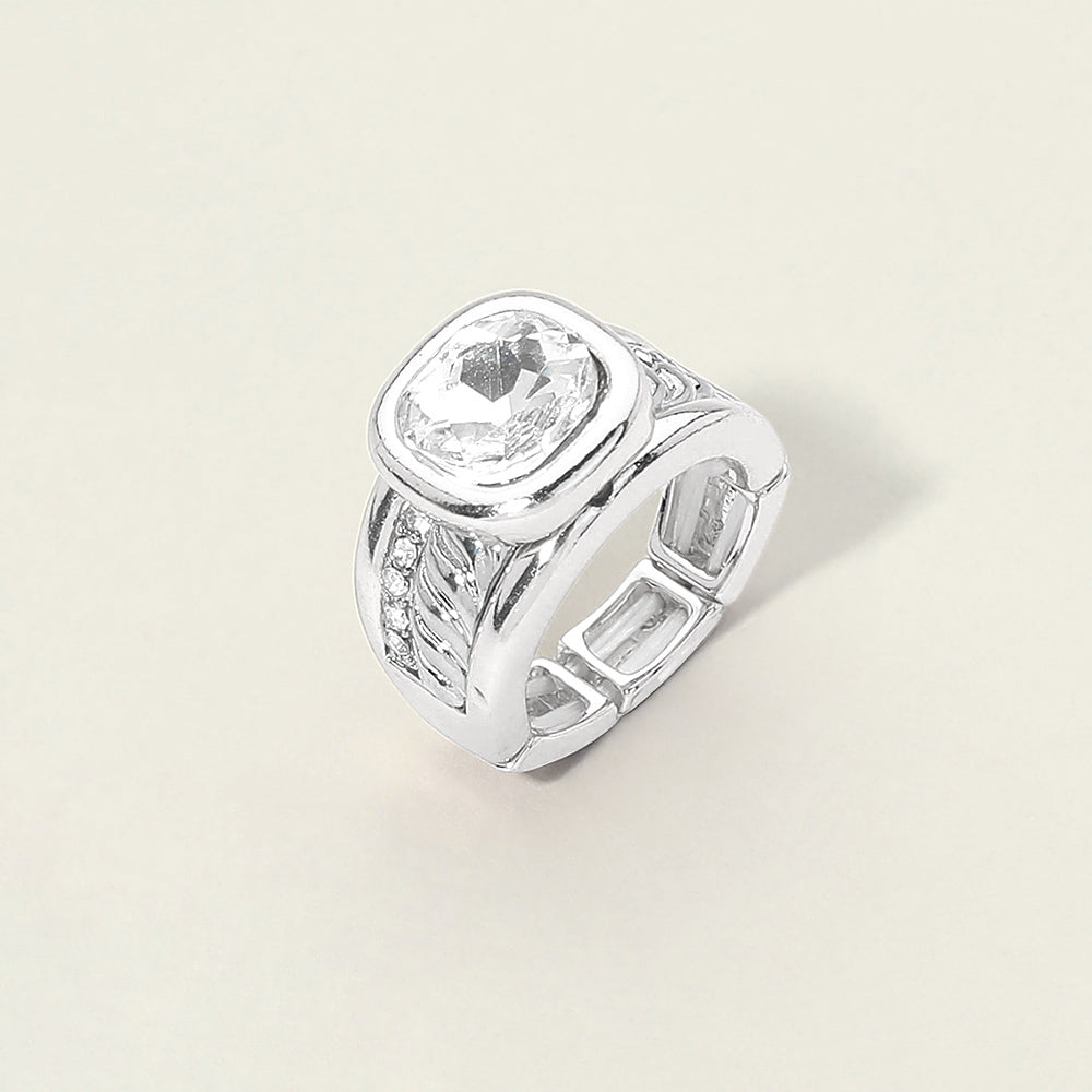 Iridescent Square Crystal Accent CZ Pave Statement Stretch Ring