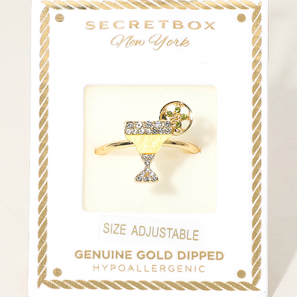SECRET BOX_Genuine Gold Dipped Stone Pave Cocktail Glass Accent Adjustable Ring