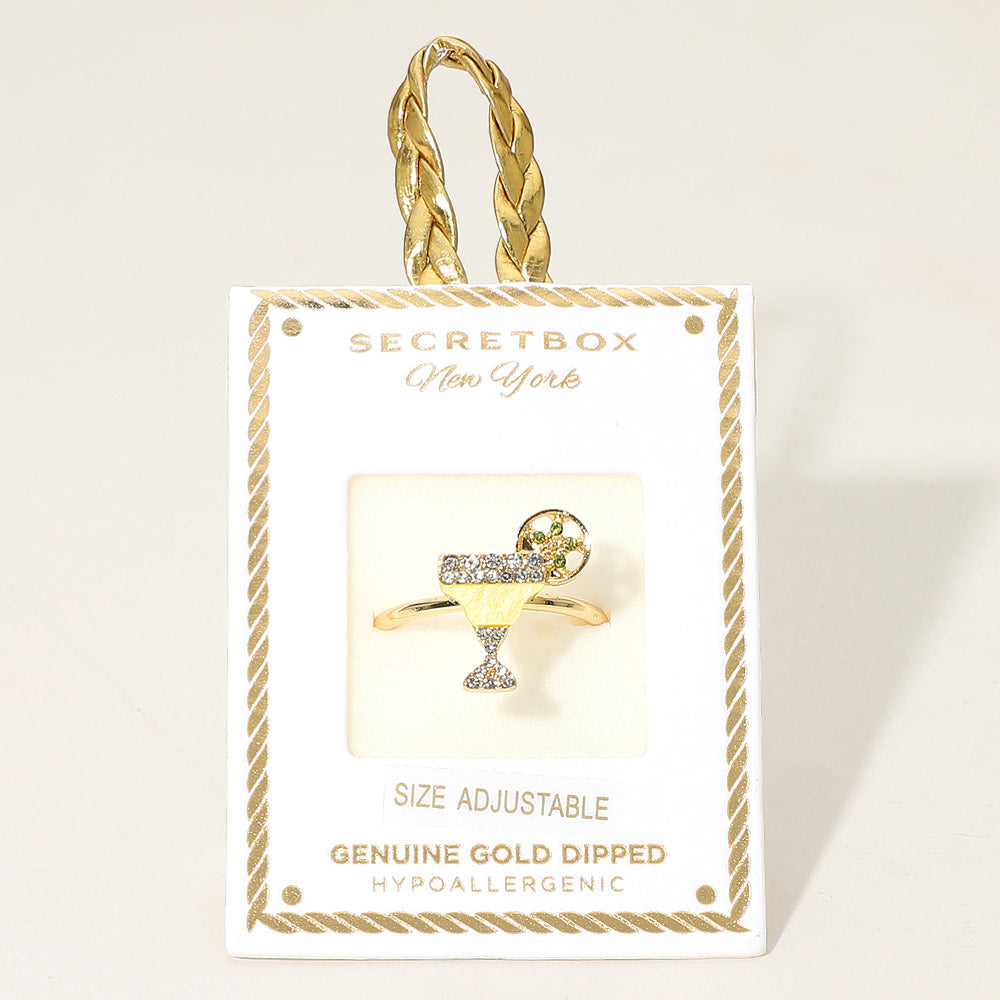 SECRET BOX_Genuine Gold Dipped Stone Pave Cocktail Glass Accent Adjustable Ring