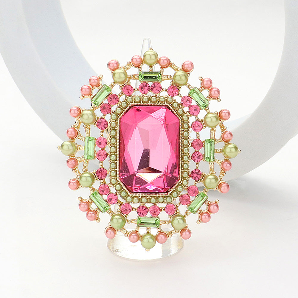 Rectangle Glass Stone Centered Pearl Rhinestone Embellished Stretch Ring