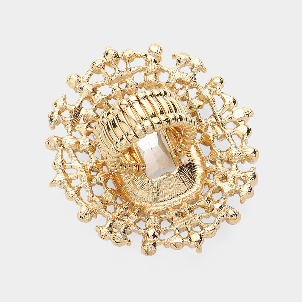 Rectangle Glass Stone Centered Pearl Rhinestone Embellished Stretch Ring