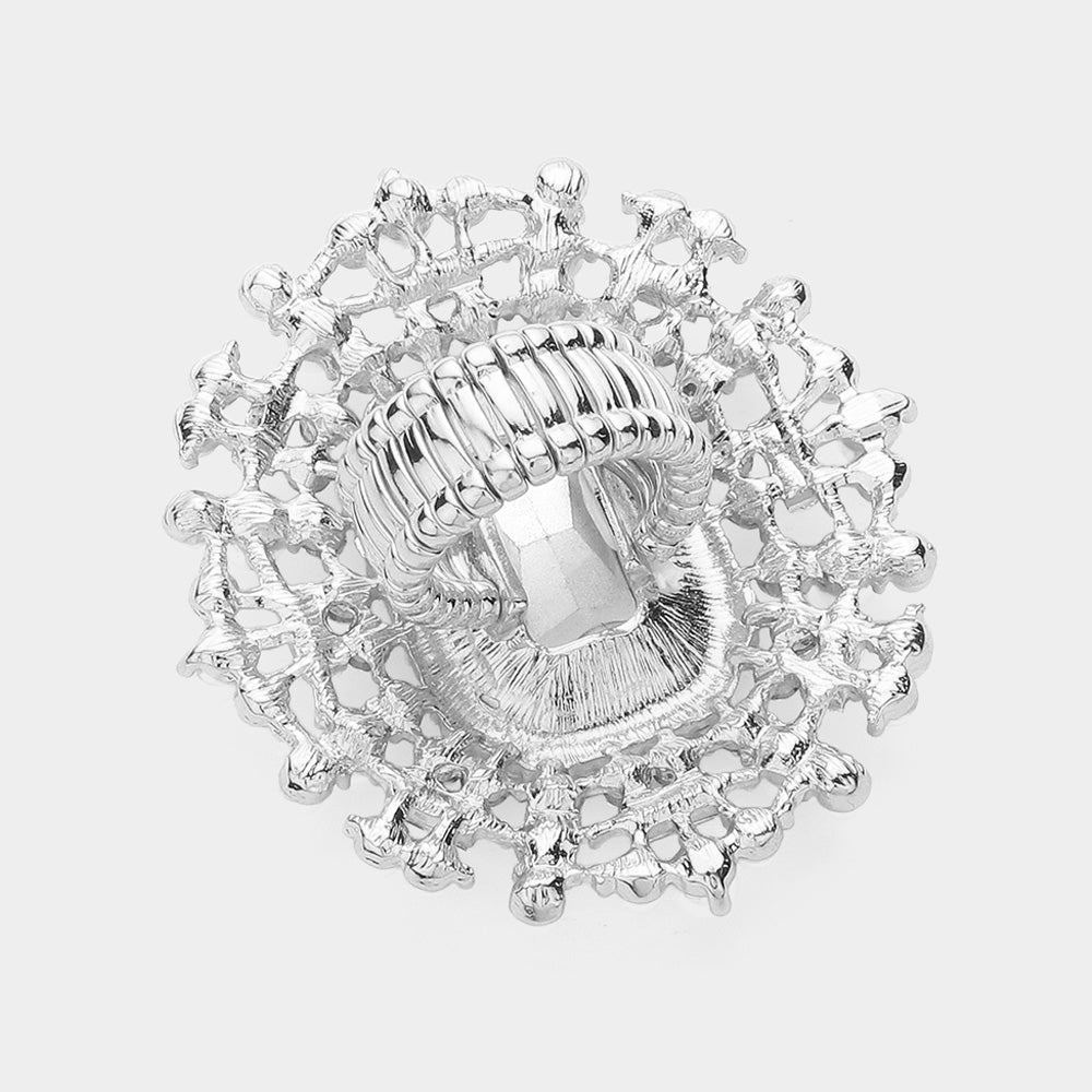Rectangle Glass Stone Centered Pearl Rhinestone Embellished Stretch Ring