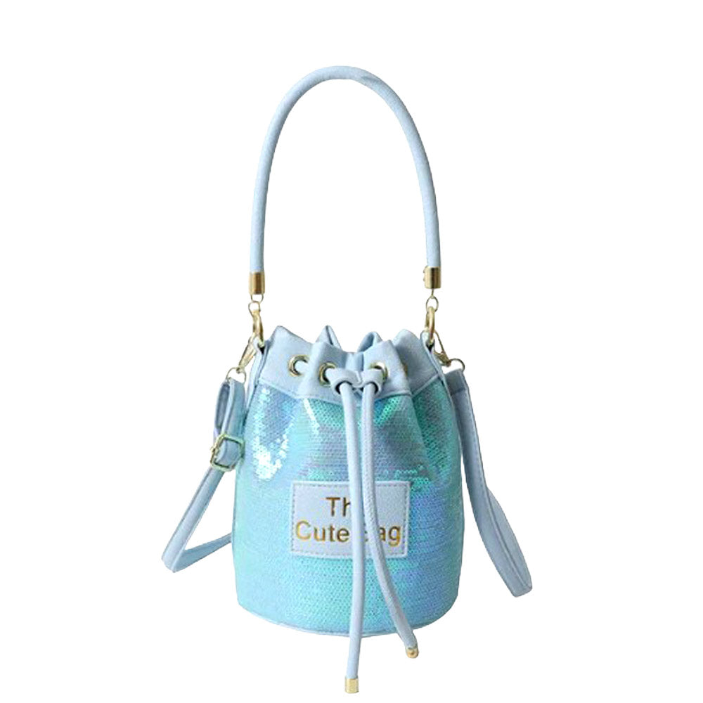 Faux Leather THE CUTE BAG Message Sequin Crossbody Bucket Bag