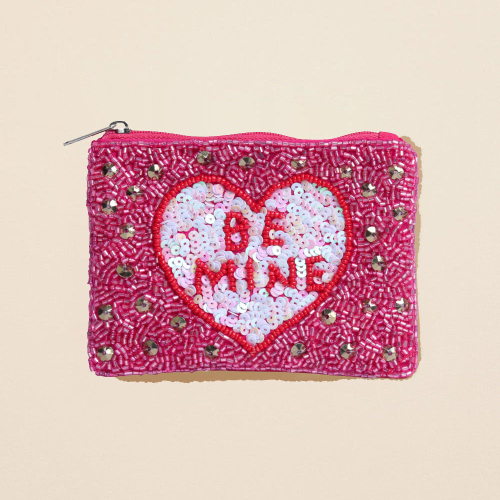 BE MINE Message Heart Sequin Seed Beaded Mini Pouch Bag