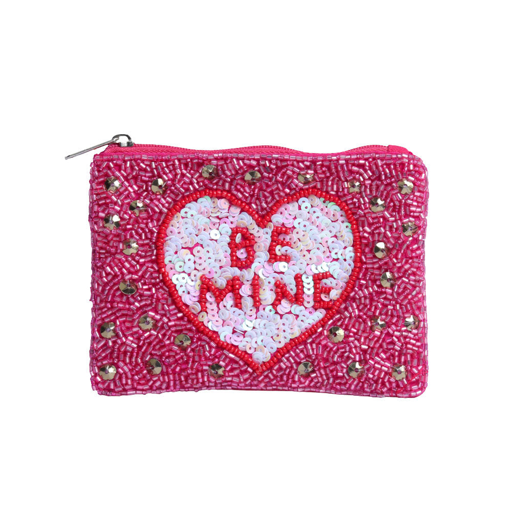 BE MINE Message Heart Sequin Seed Beaded Mini Pouch Bag