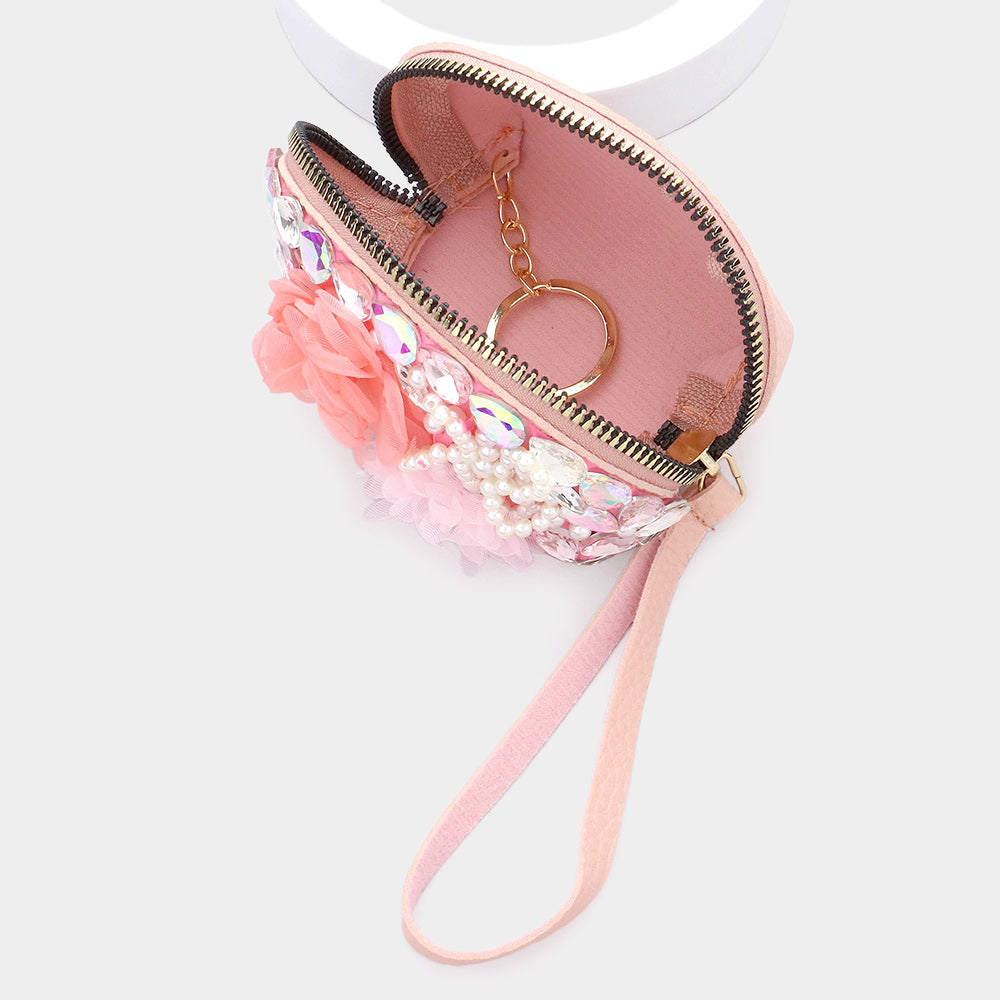 Pearl Stone Embellished Triple Flower Mini Pouch Wristlet Bag