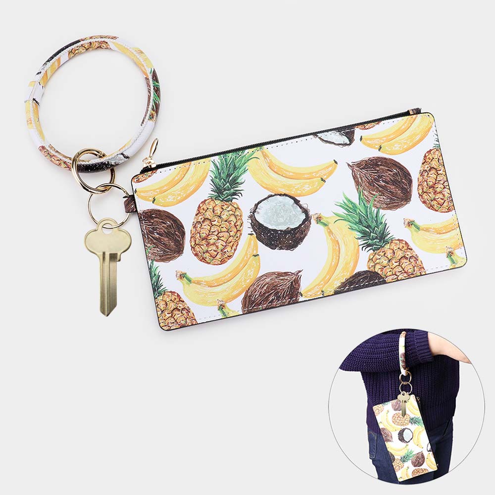 Faux Leather Tropical Fruits Pattern Keychain Bracelet Mini Pouch Bag