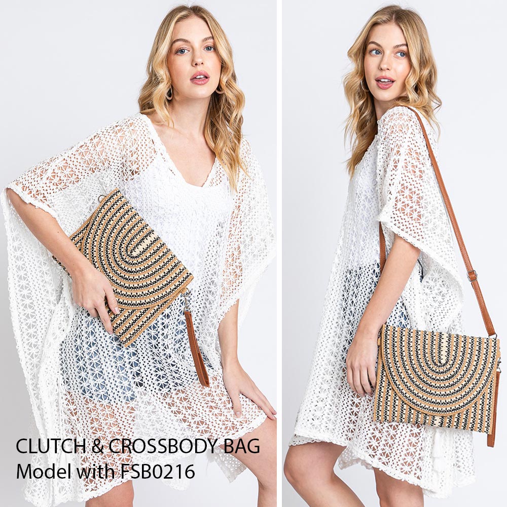 Color Striped Two Tone Straw Clutch / Crossbody Bag