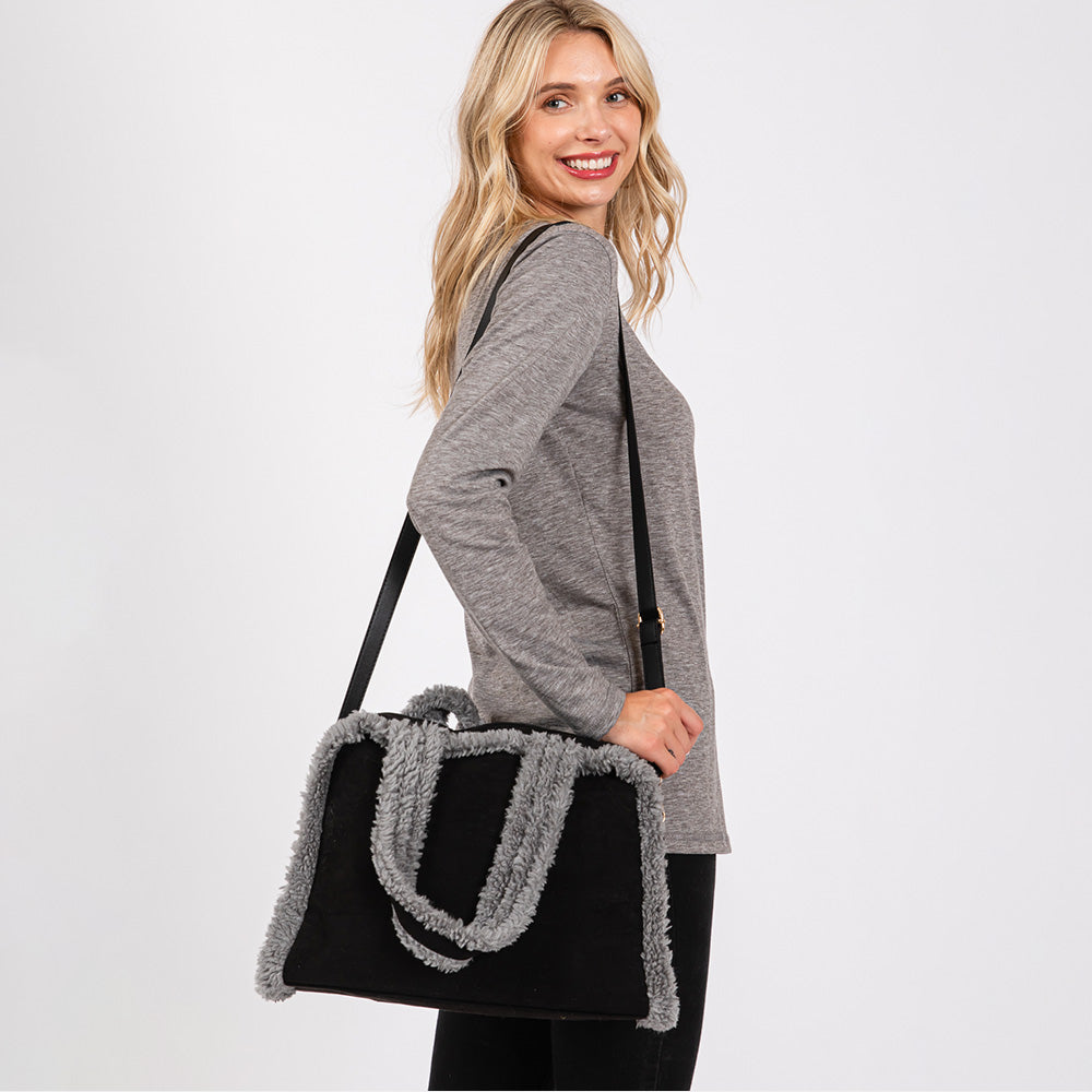 Fleece Trimmed Solid Tote / Crossbody Bag With Adjustable Strap