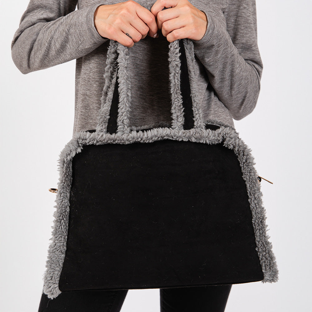 Fleece Trimmed Solid Tote / Crossbody Bag With Adjustable Strap