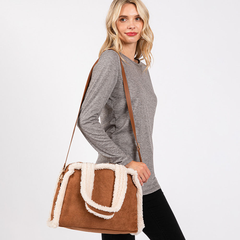 Fleece Trimmed Solid Tote / Crossbody Bag With Adjustable Strap