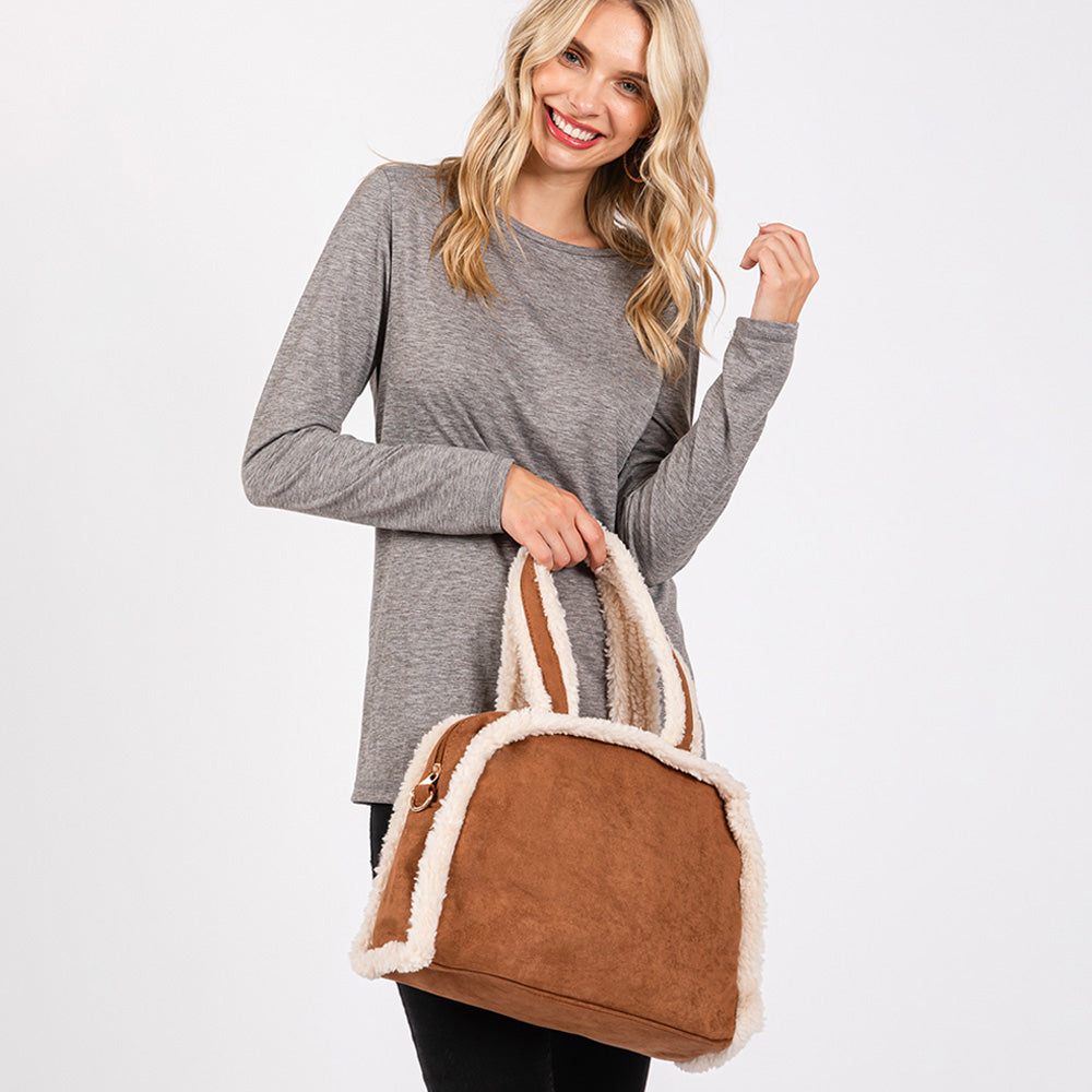Fleece Trimmed Solid Tote / Crossbody Bag With Adjustable Strap