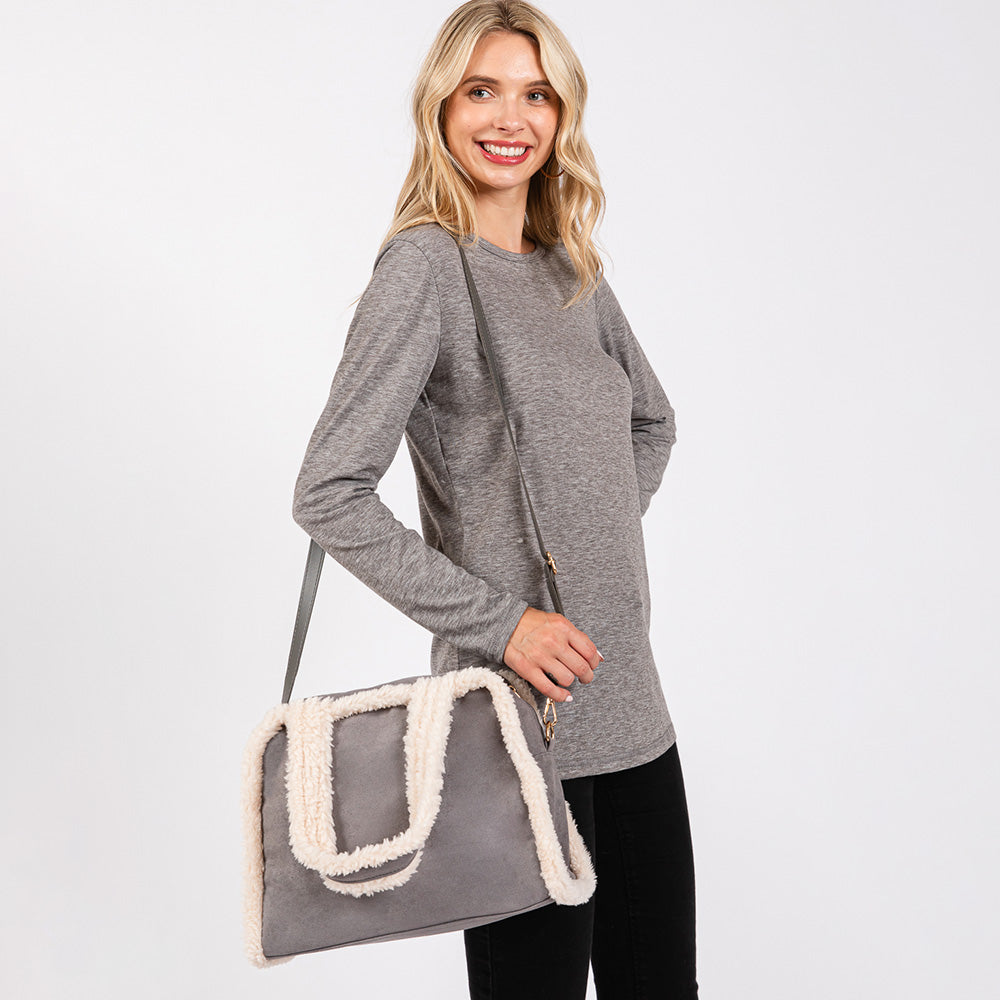 Fleece Trimmed Solid Tote / Crossbody Bag With Adjustable Strap