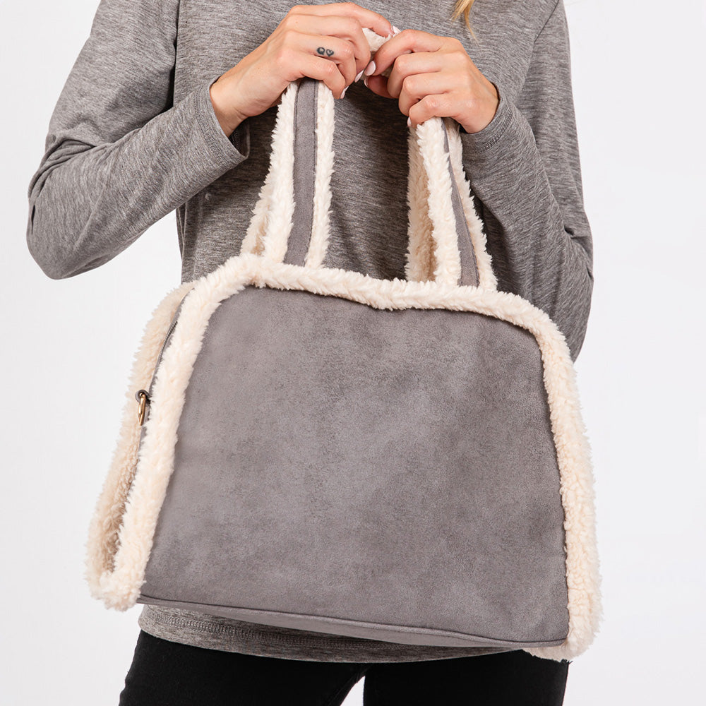 Fleece Trimmed Solid Tote / Crossbody Bag With Adjustable Strap