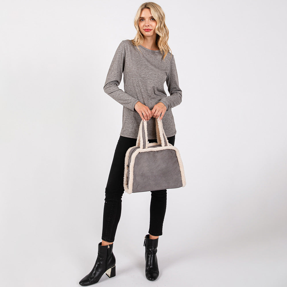 Fleece Trimmed Solid Tote / Crossbody Bag With Adjustable Strap