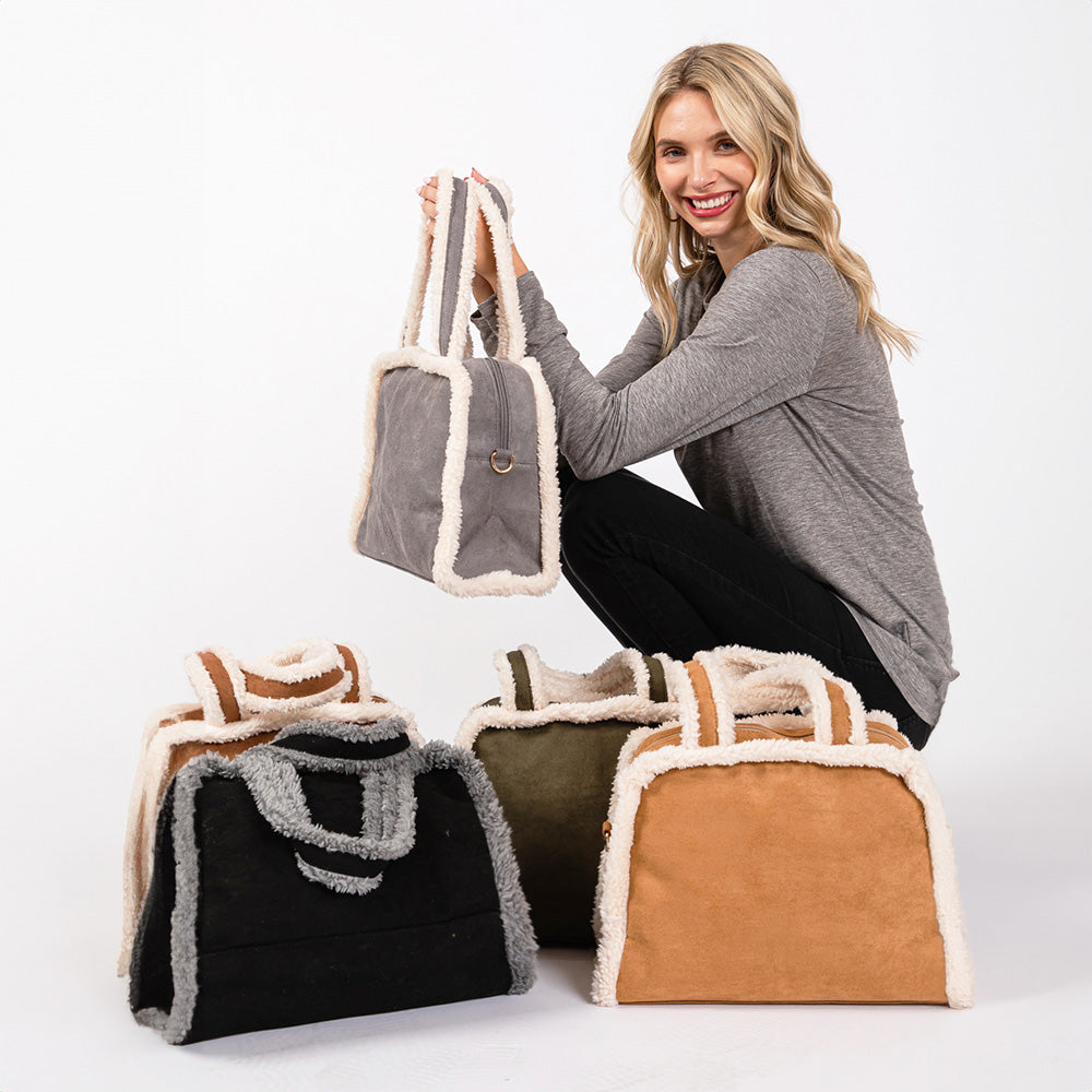 Fleece Trimmed Solid Tote / Crossbody Bag With Adjustable Strap
