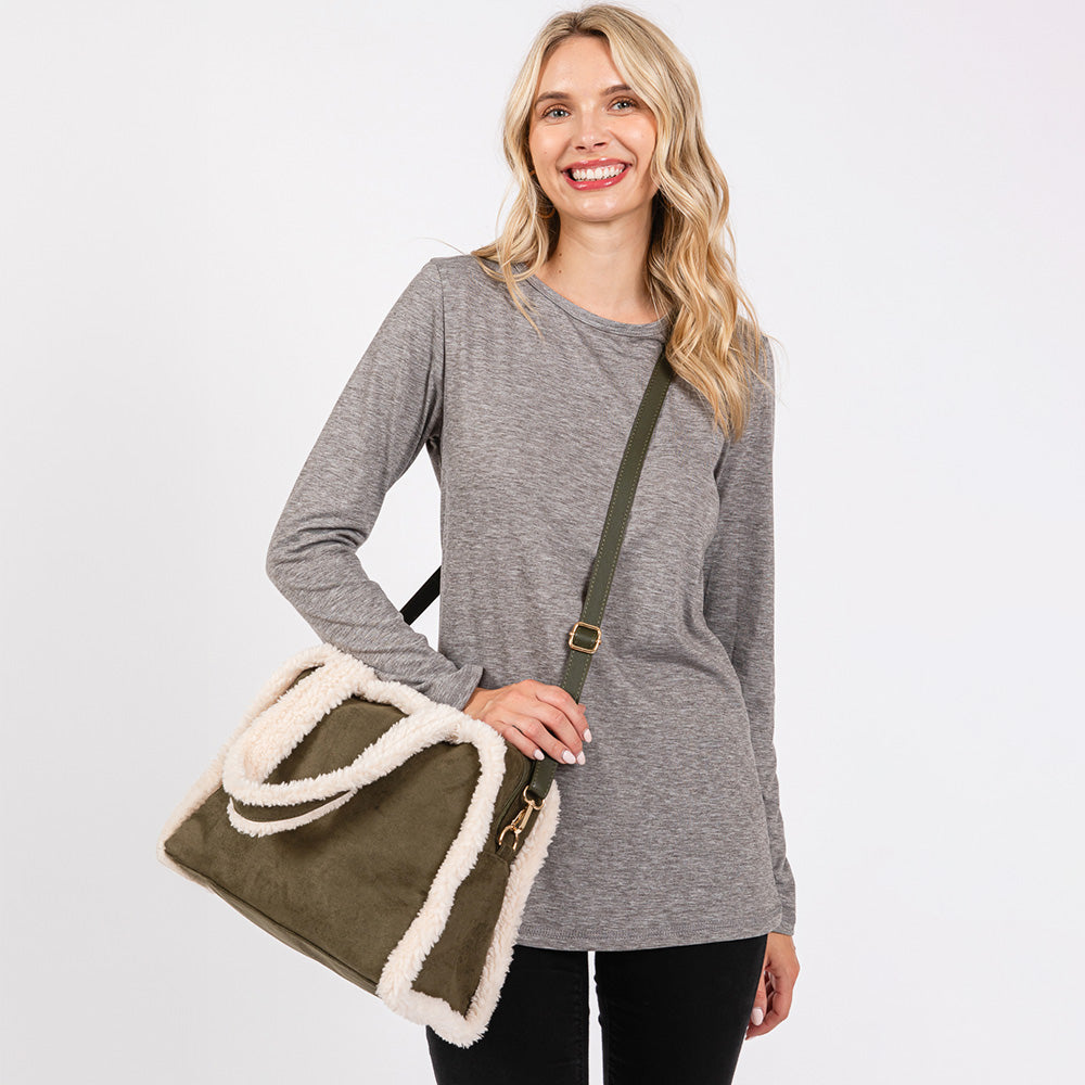 Fleece Trimmed Solid Tote / Crossbody Bag With Adjustable Strap