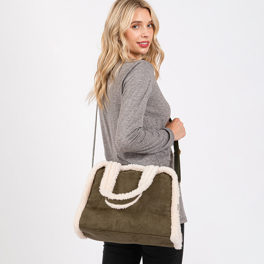 Fleece Trimmed Solid Tote / Crossbody Bag With Adjustable Strap