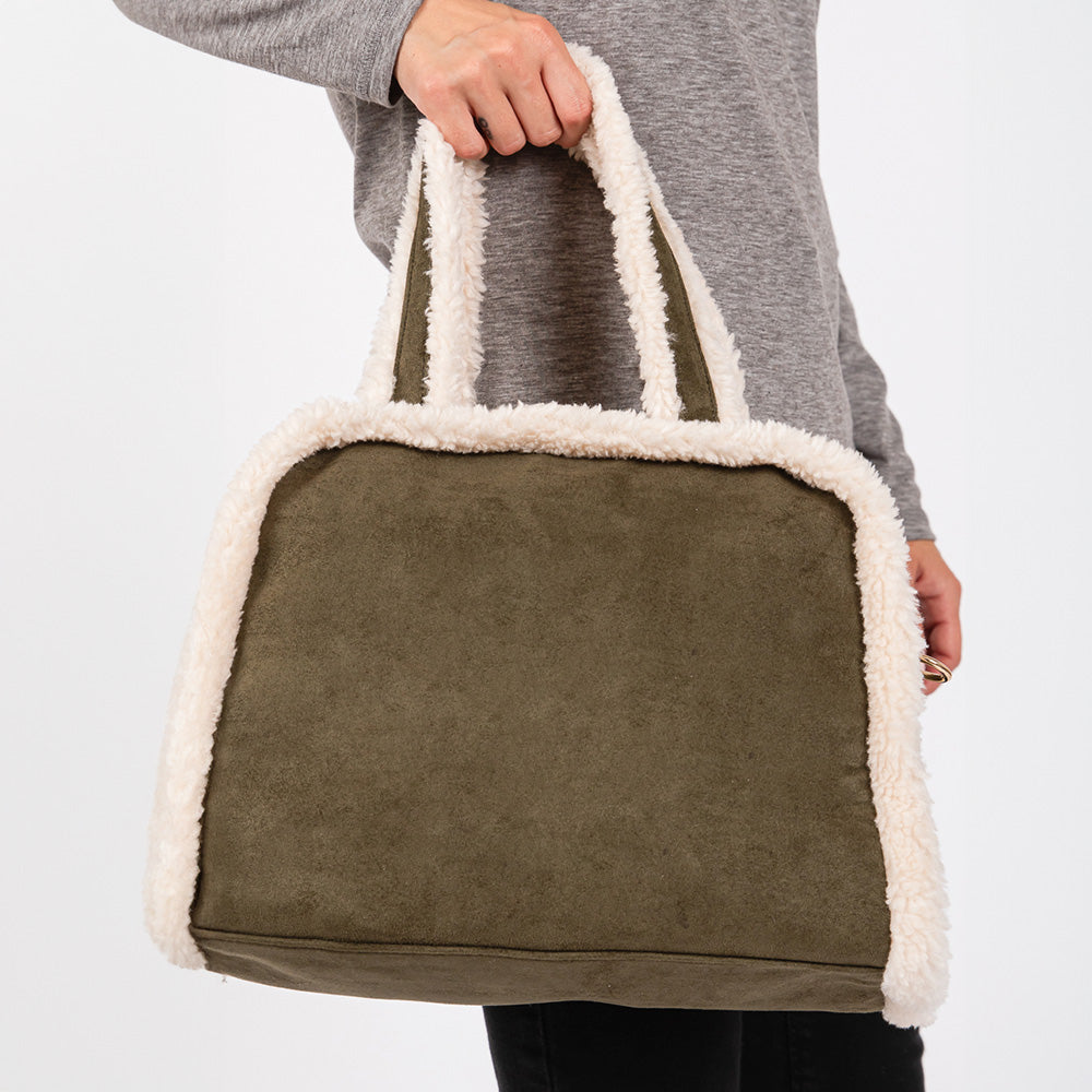 Fleece Trimmed Solid Tote / Crossbody Bag With Adjustable Strap